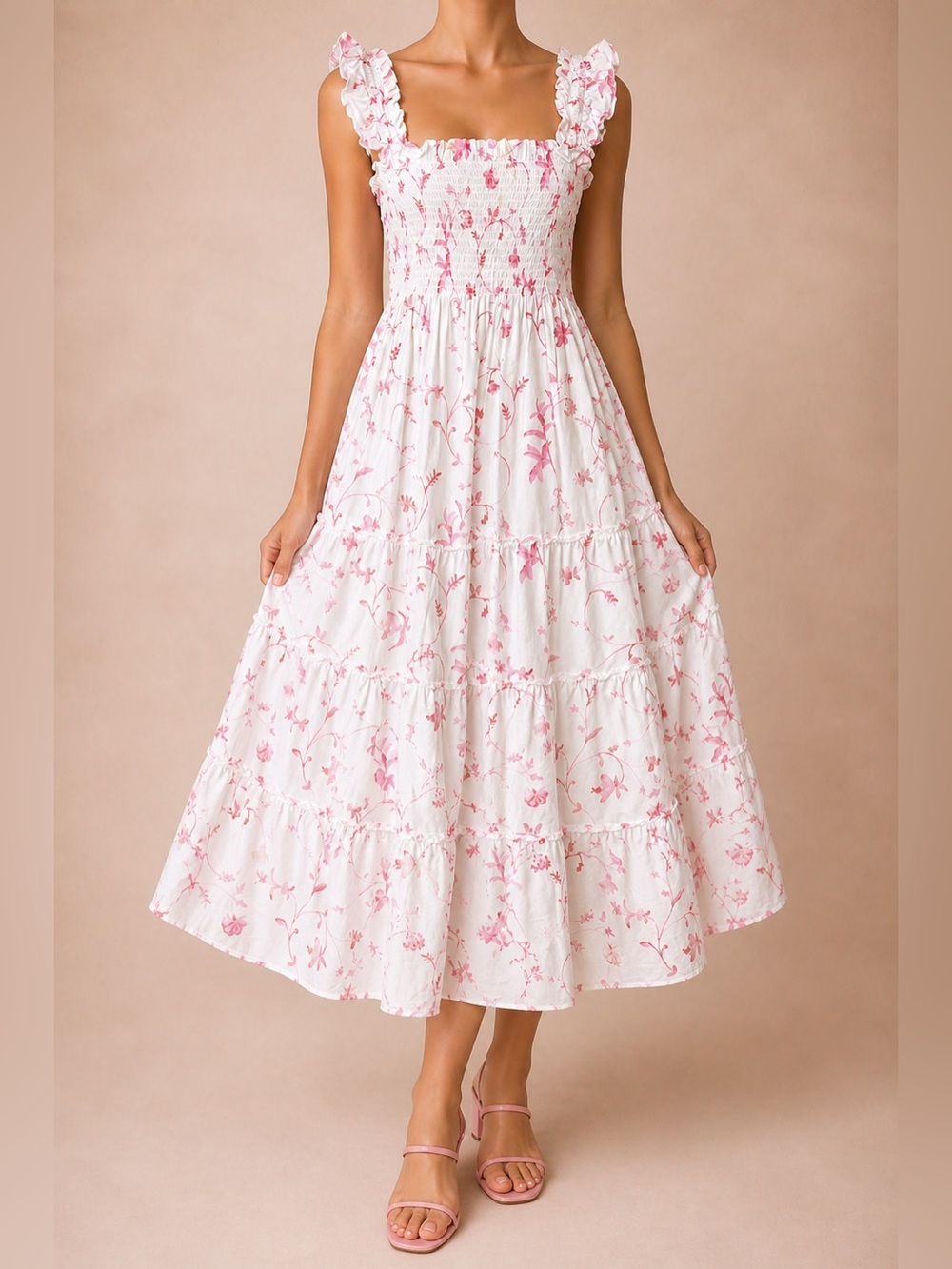 Hill House Smocked Midi Dress in Pink and White Floral